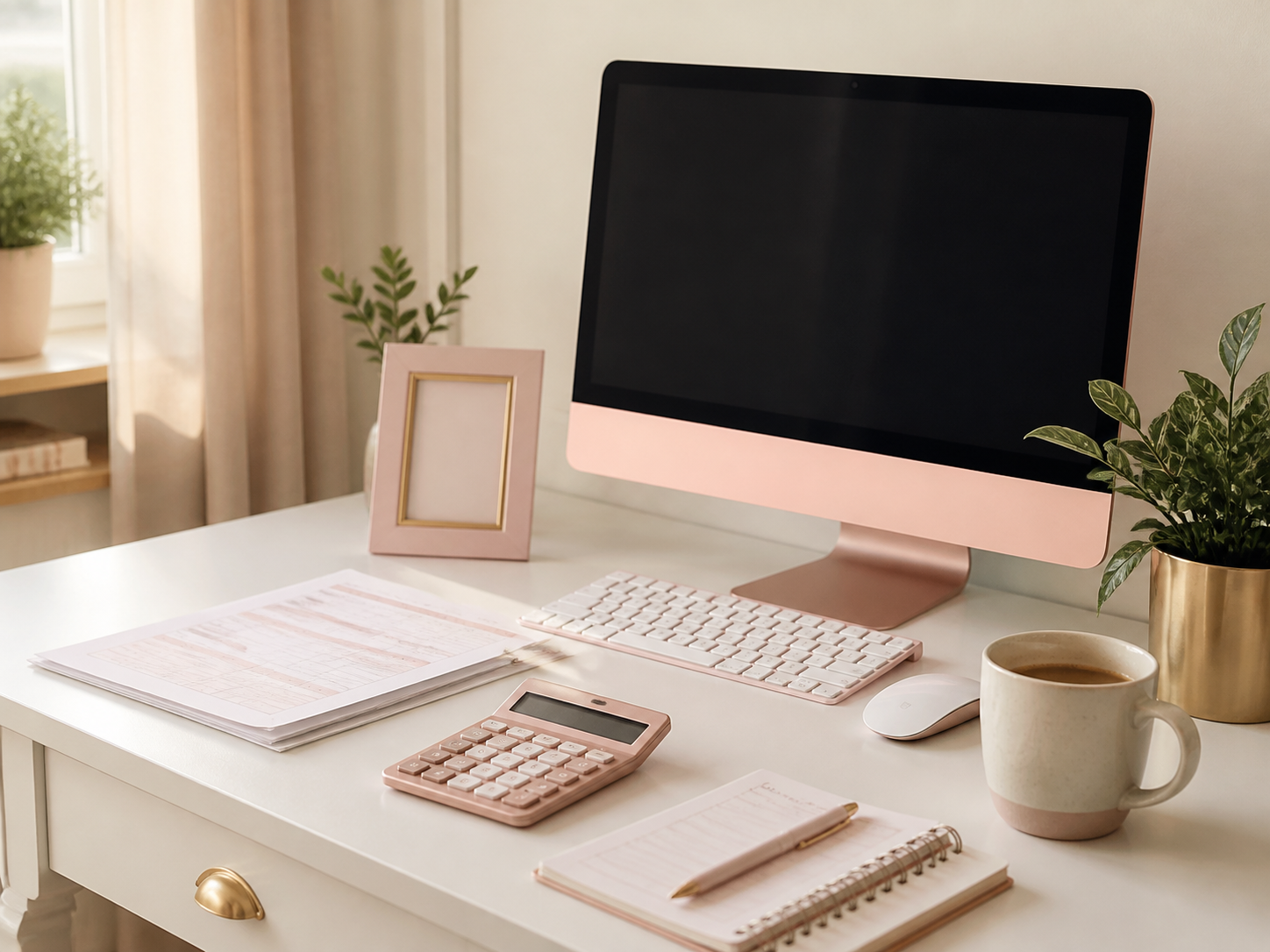 Warm white bookkeeping workspace with blush-pink computer and calculator